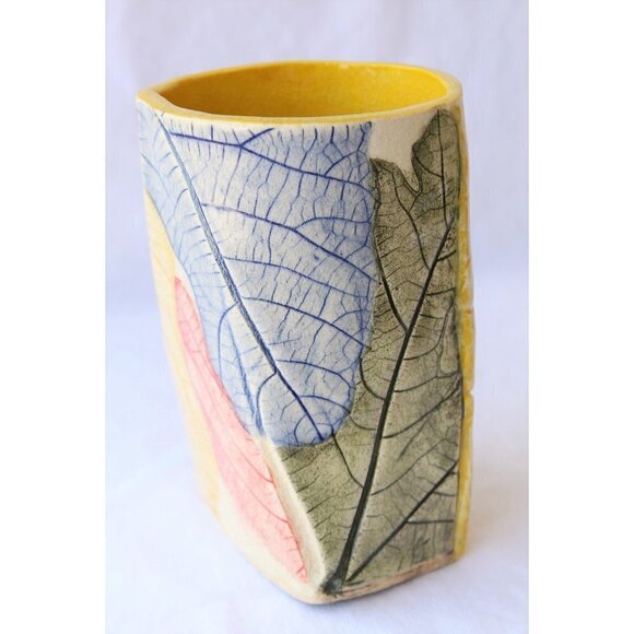 Handmade Ceramic Multicolor Pencil Holder Organic Shape leaf texture Vase unique - Picture 6 of 10